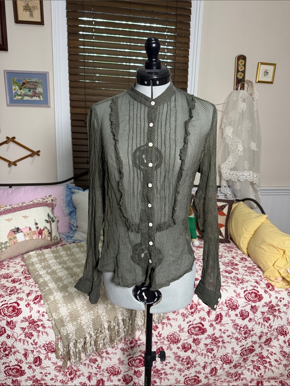 jonathan martin Olive Green Ruffle Pintuck Button-Front Blouse